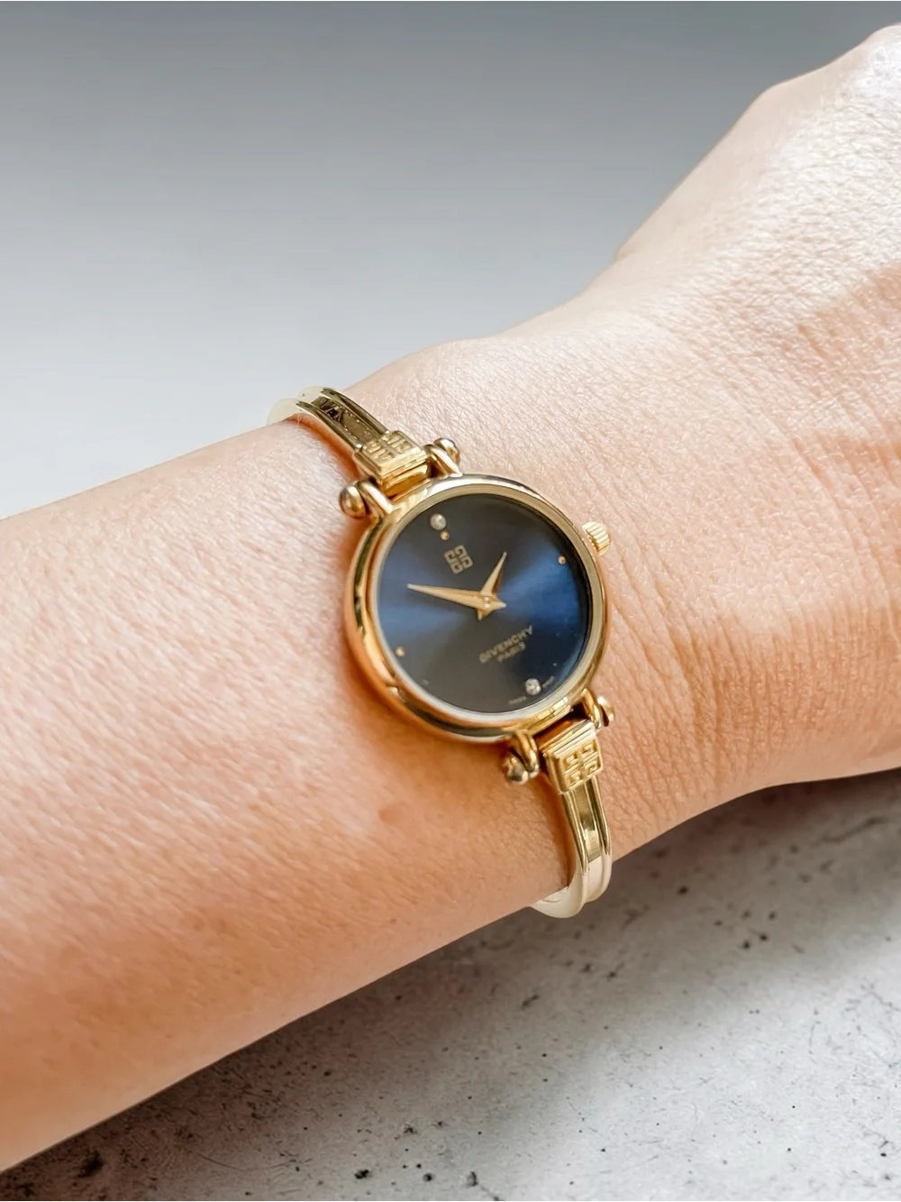 Vintage Givenchy Bangle Watch Gold Plated, Blue Dial
